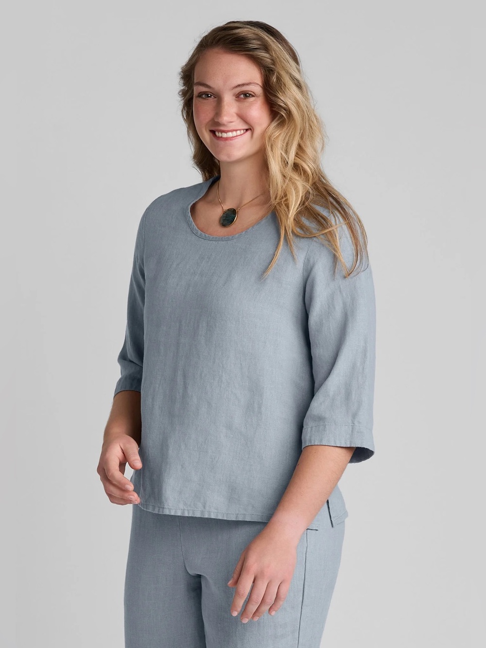 Flax Linen Petite Shirt Womens scoop neck woven gray 252